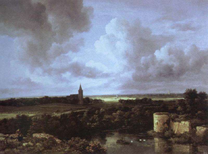 Jacob van Ruisdael an extensive landscape with a ruined castle and a village church